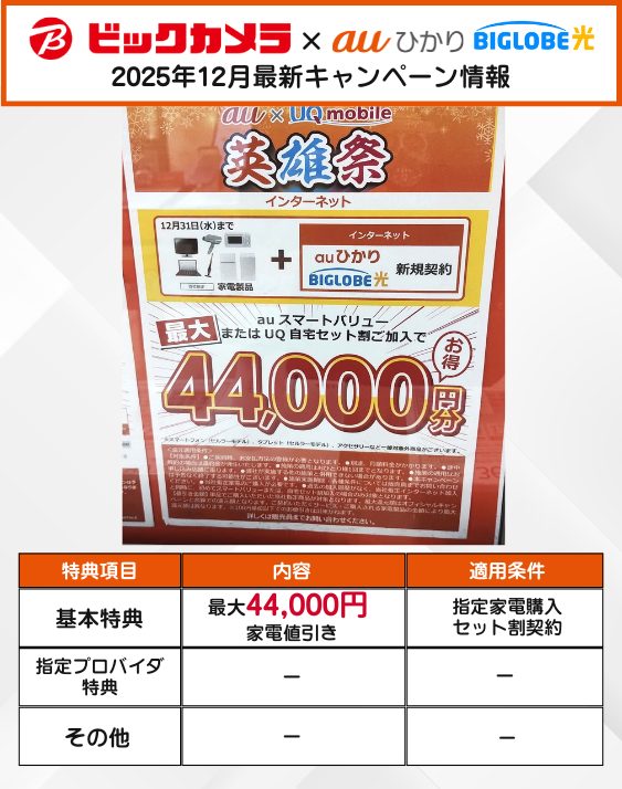 ビッグカメラ auひかり 12月のキャンペーン