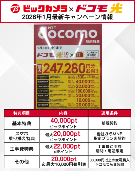 ビックカメラ ドコモ光の1月キャンペーン