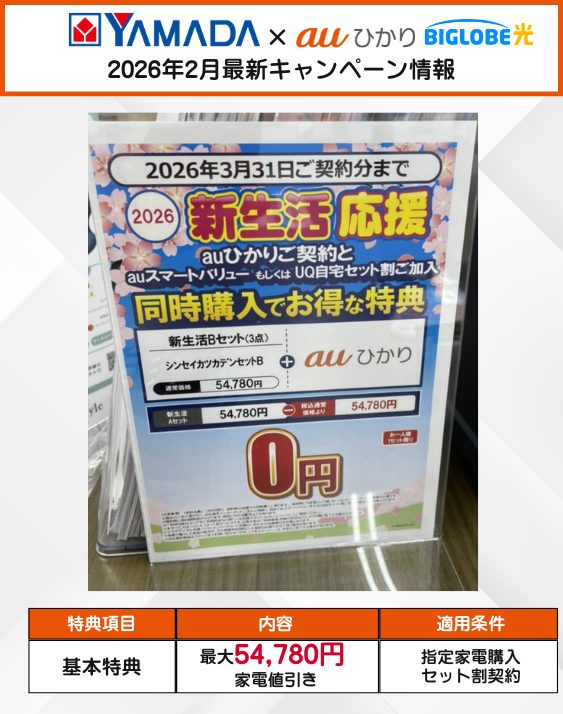 ヤマダ電機のauひかりとビッグローブ光の2月のキャンペーン