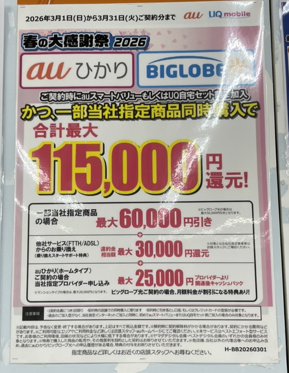 ヤマダ電機のauひかりとビッグローブ光の2\3月のキャンペーン